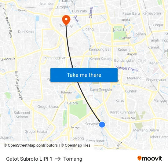 Gatot Subroto LIPI 1 to Tomang map