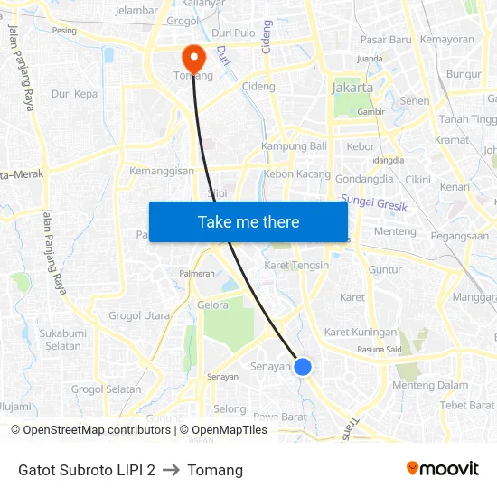 Gatot Subroto LIPI 2 to Tomang map