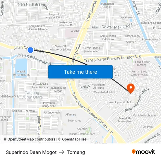 Superindo Daan Mogot to Tomang map