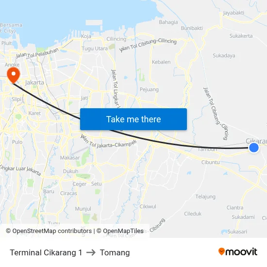 Terminal Cikarang 1 to Tomang map