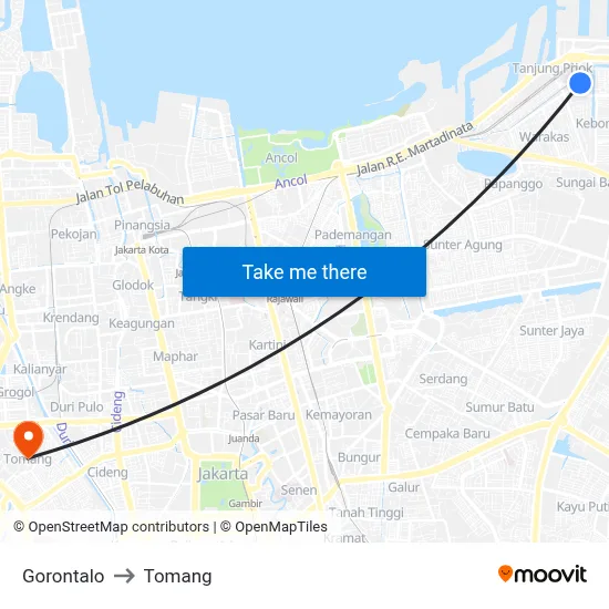 Gorontalo to Tomang map