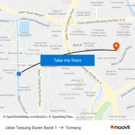 Jalan Tanjung Duren Barat 1 to Tomang map