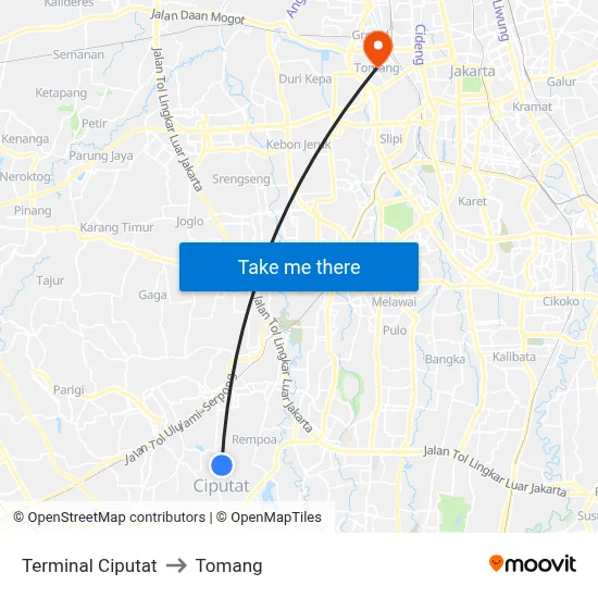 Terminal Ciputat to Tomang map