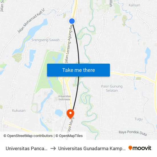 Universitas Pancasila to Universitas Gunadarma Kampus D map