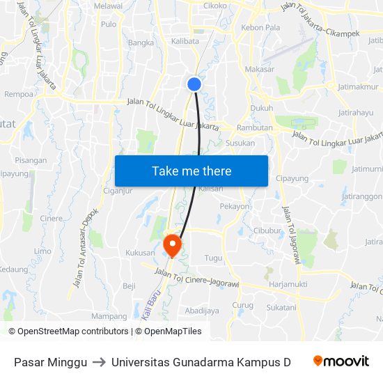 Pasar Minggu to Universitas Gunadarma Kampus D map