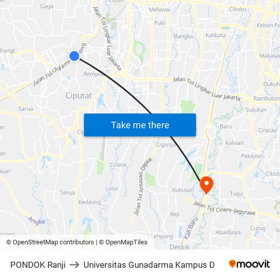 PONDOK Ranji to Universitas Gunadarma Kampus D map