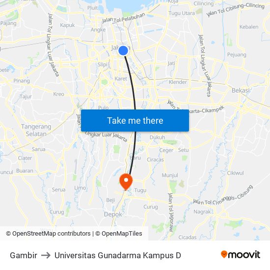 Gambir to Universitas Gunadarma Kampus D map
