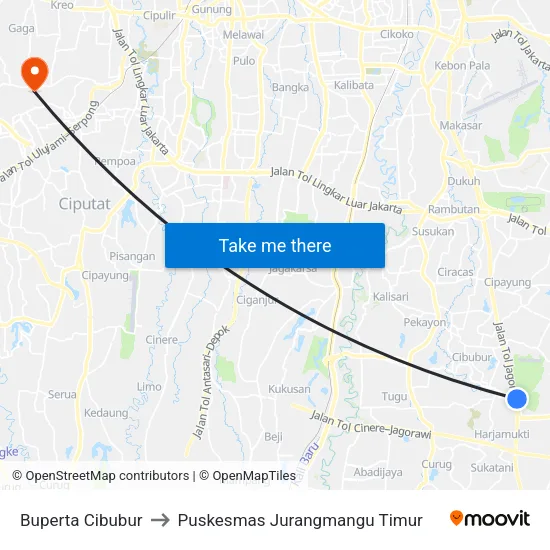 Buperta Cibubur to Puskesmas Jurangmangu Timur map