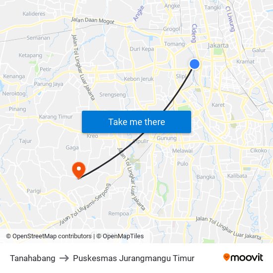 Tanahabang to Puskesmas Jurangmangu Timur map