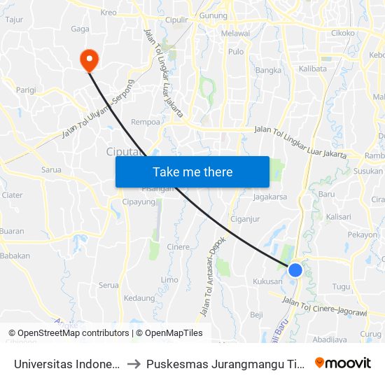 Universitas Indonesia to Puskesmas Jurangmangu Timur map