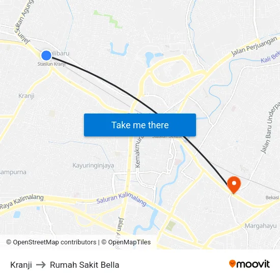 Kranji to Rumah Sakit Bella map