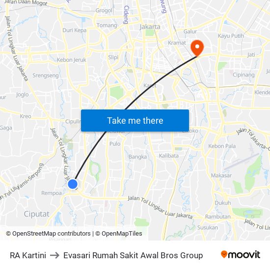 RA Kartini to Evasari Rumah Sakit Awal Bros Group map