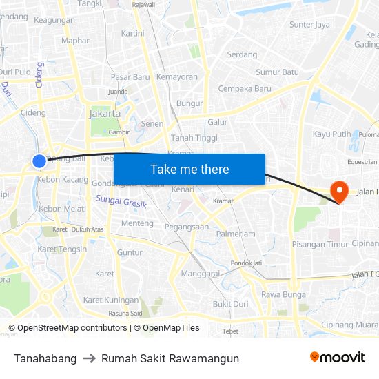 Tanahabang to Rumah Sakit Rawamangun map