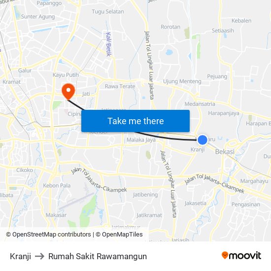 Kranji to Rumah Sakit Rawamangun map