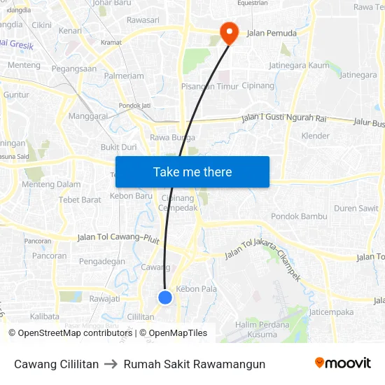 Cawang Cililitan to Rumah Sakit Rawamangun map