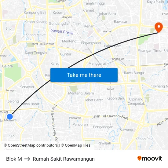 Blok M to Rumah Sakit Rawamangun map