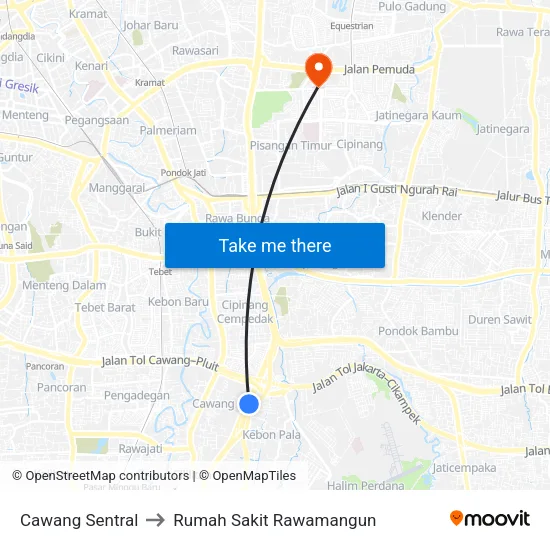 Cawang Sentral to Rumah Sakit Rawamangun map