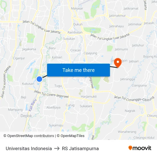 Universitas Indonesia to RS Jatisampurna map