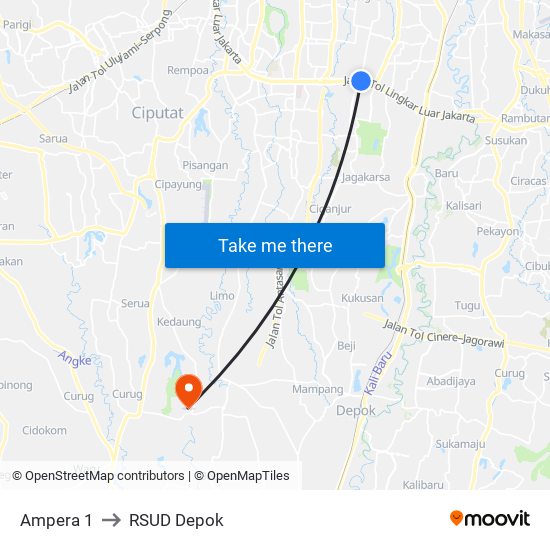 Ampera 1 to RSUD Depok map