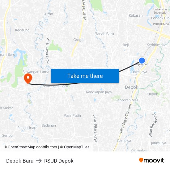 Depok Baru to RSUD Depok map