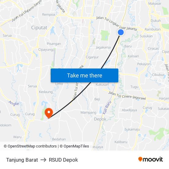 Tanjung Barat to RSUD Depok map