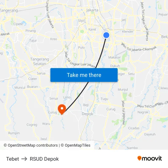 Tebet to RSUD Depok map