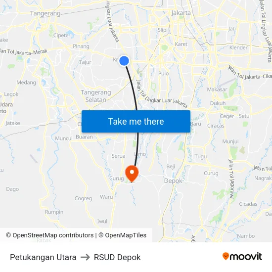 Petukangan Utara to RSUD Depok map