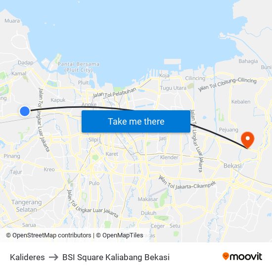 Kalideres to BSI Square Kaliabang Bekasi map