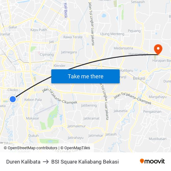 Duren Kalibata to BSI Square Kaliabang Bekasi map