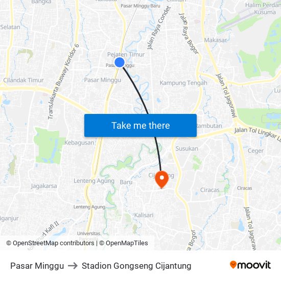 Pasar Minggu to Stadion Gongseng Cijantung map