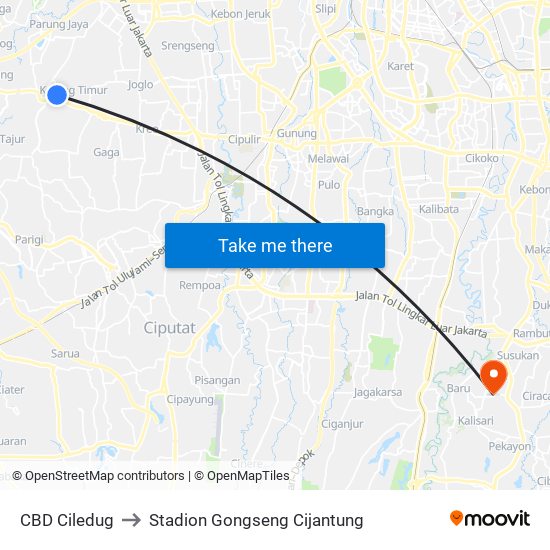 CBD Ciledug to Stadion Gongseng Cijantung map