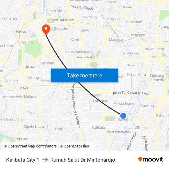 Kalibata City 1 to Rumah Sakit Dr Mintohardjo map