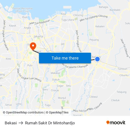 Bekasi to Rumah Sakit Dr Mintohardjo map