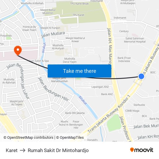 Karet to Rumah Sakit Dr Mintohardjo map