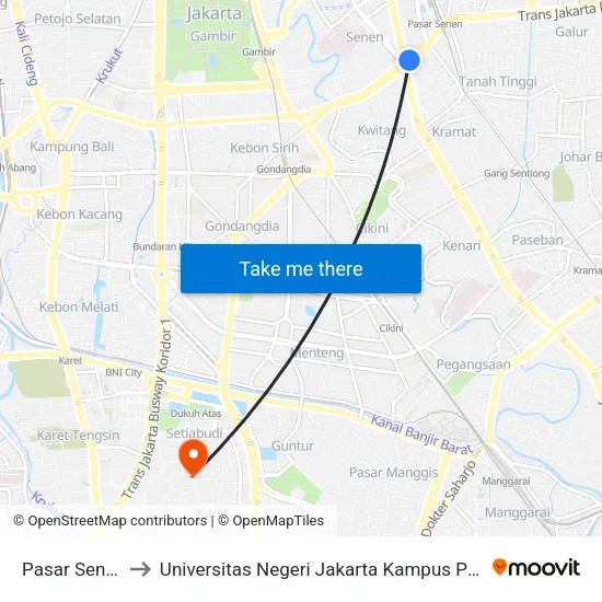 Pasar Senen to Universitas Negeri Jakarta Kampus Pgsd map