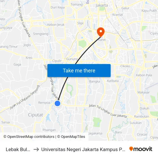 Lebak Bulus to Universitas Negeri Jakarta Kampus Pgsd map
