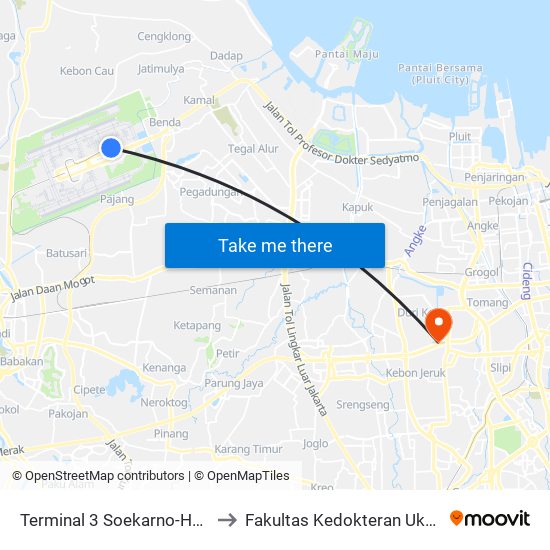 Terminal 3 Soekarno-Hatta to Fakultas Kedokteran Ukrida map