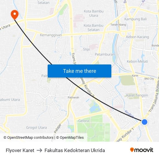 Flyover Karet to Fakultas Kedokteran Ukrida map