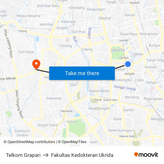 Telkom Grapari to Fakultas Kedokteran Ukrida map