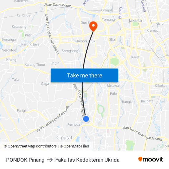 PONDOK Pinang to Fakultas Kedokteran Ukrida map