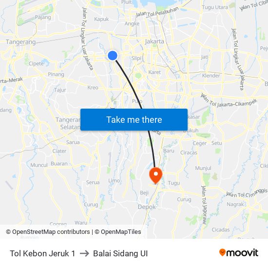 Tol Kebon Jeruk 1 to Balai Sidang UI map