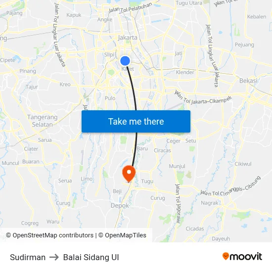 Sudirman to Balai Sidang UI map