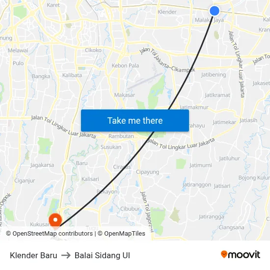 Klender Baru to Balai Sidang UI map