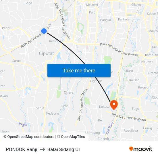 PONDOK Ranji to Balai Sidang UI map