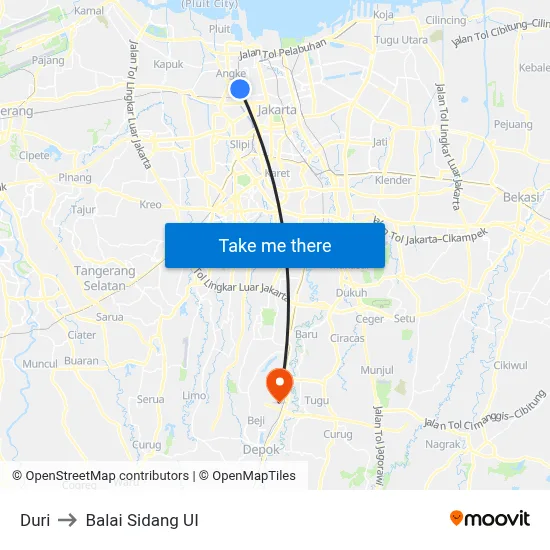 Duri to Balai Sidang UI map