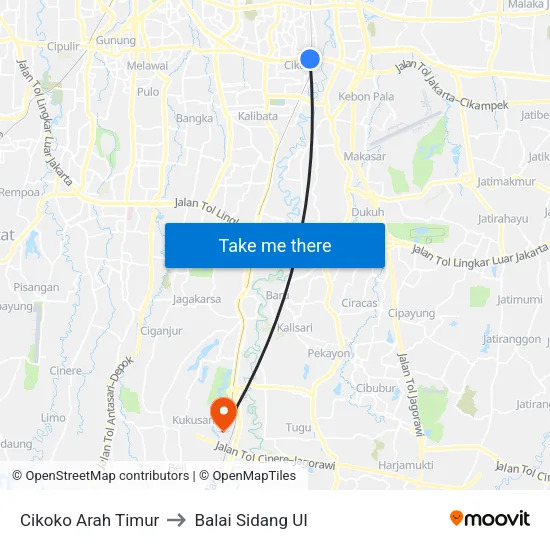 Cikoko Arah Timur to Balai Sidang UI map