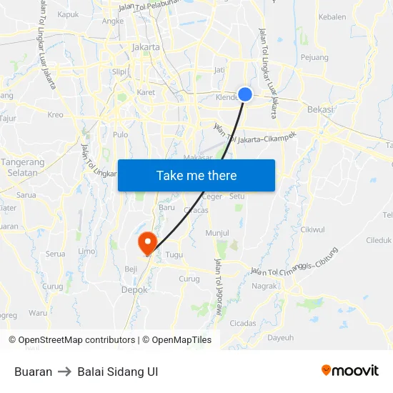 Buaran to Balai Sidang UI map