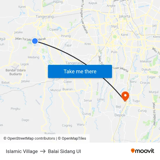 Islamic Village to Balai Sidang UI map