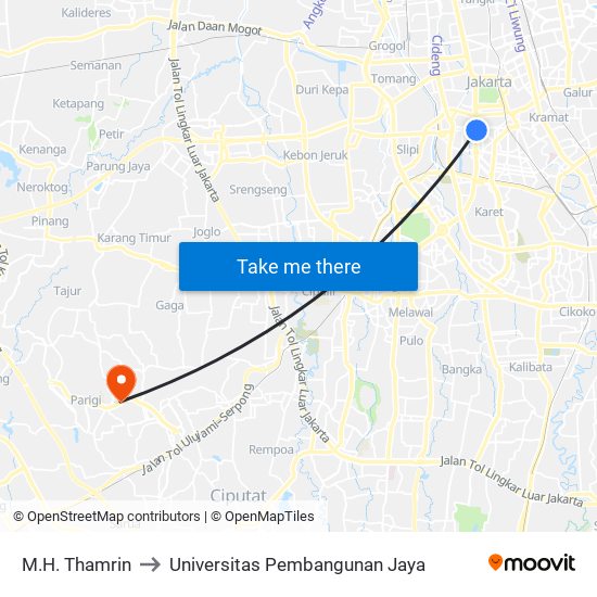 M.H. Thamrin to Universitas Pembangunan Jaya map