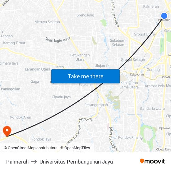 Palmerah to Universitas Pembangunan Jaya map